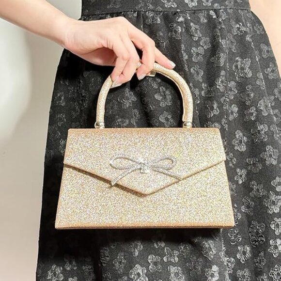 Neiman Marcus Sparkly Bow Elegant Gold Rhinestone Evening Purse - Picture 1 of 8